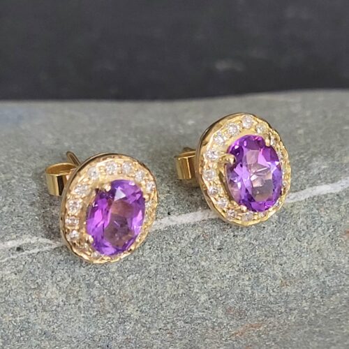 Amethyst & Diamond Cluster Stud Earrings 18ct Yellow Gold from Ace Jewellery, Leeds