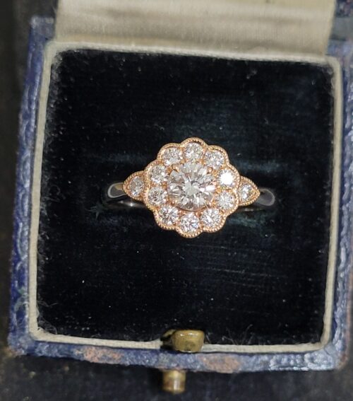 Rose Gold Diamond Floral Halo Ring with Milgrain from Ace Jewellery, Leeds