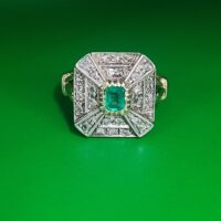 0.42ct Art-Deco Inspired Emerald & Rose Cut Diamond Square Cocktail Ring 14ct Yellow Gold from Ace Jewellery, Leeds