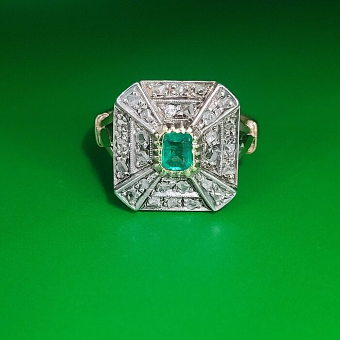 0.42ct Art-Deco Inspired Emerald & Rose Cut Diamond Square Cocktail Ring 14ct Yellow Gold from Ace Jewellery, Leeds