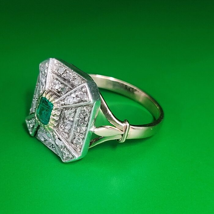 0.42ct Art-Deco Inspired Emerald & Rose Cut Diamond Square Cocktail Ring 14ct Yellow Gold from Ace Jewellery, Leeds