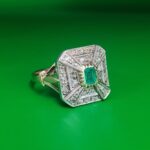 0.42ct Art-Deco Inspired Emerald & Rose Cut Diamond Square Cocktail Ring 14ct Yellow Gold from Ace Jewellery, Leeds