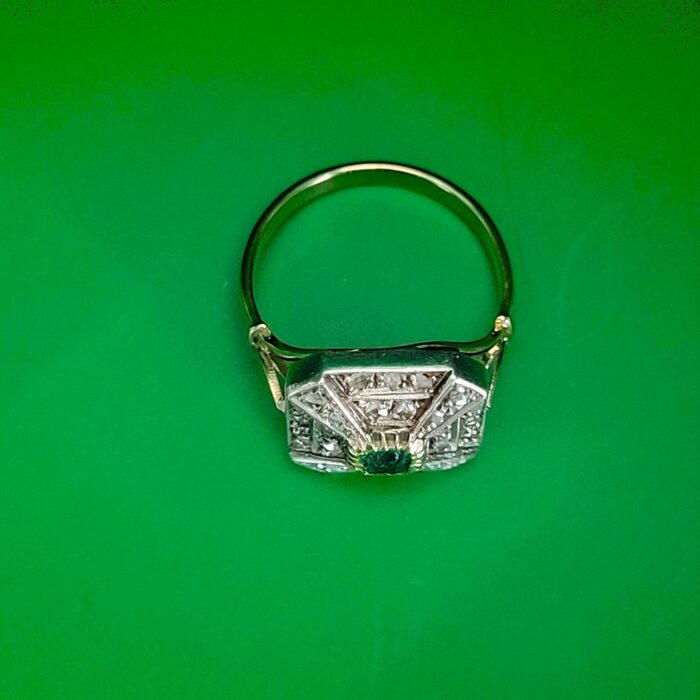 0.42ct Art-Deco Inspired Emerald & Rose Cut Diamond Square Cocktail Ring 14ct Yellow Gold from Ace Jewellery, Leeds