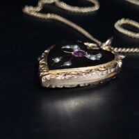 Antique 0.20ct Ruby & Pearl 9ct Yellow Gold Heart Locket Pendant & Chain from Ace Jewellery, Leeds