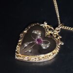 Antique 0.20ct Ruby & Pearl 9ct Yellow Gold Heart Locket Pendant & Chain from Ace Jewellery, Leeds