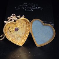 Antique 0.20ct Ruby & Pearl 9ct Yellow Gold Heart Locket Pendant & Chain from Ace Jewellery, Leeds