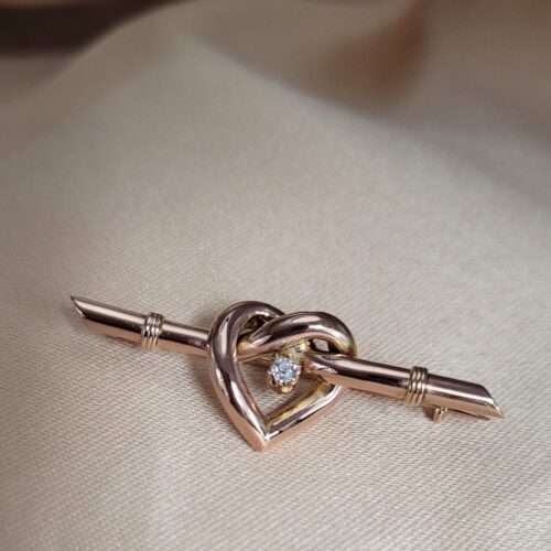 9ct Yellow Gold 0.05ct Old Cut Diamond Heart Knot Brooch from Ace Jewellery, Leeds