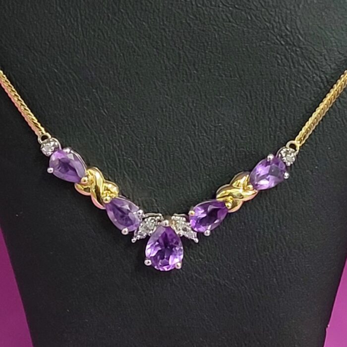 2.8ct Amethyst & Diamond Multi-Stone Dropper Pendant & Chain 9ct Yellow Gold from Ace Jewellery, Leeds